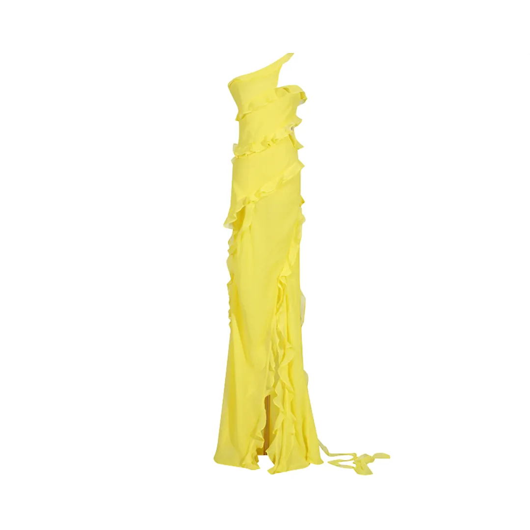 Pre Order:  One Shoulder Ruffled Edge Hollow Maxi Dress