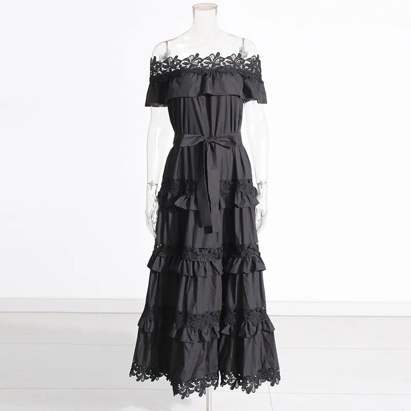 Pre Order:  Solid Lace Ruffle Edge Off Shoulder Dress