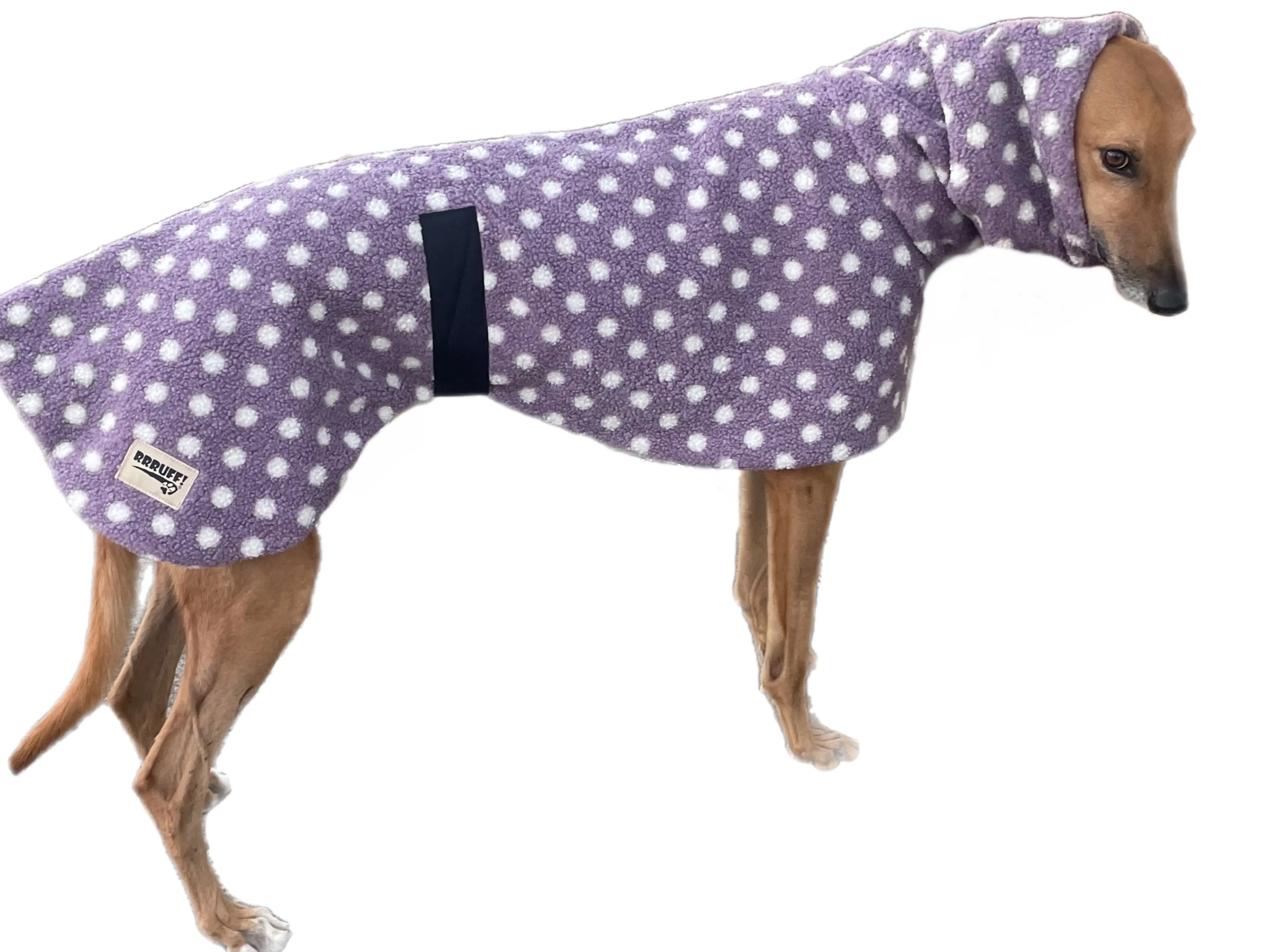 Purple Polka dot print Teddy fleece deluxe style greyhound coat with snuggly wide neck roll