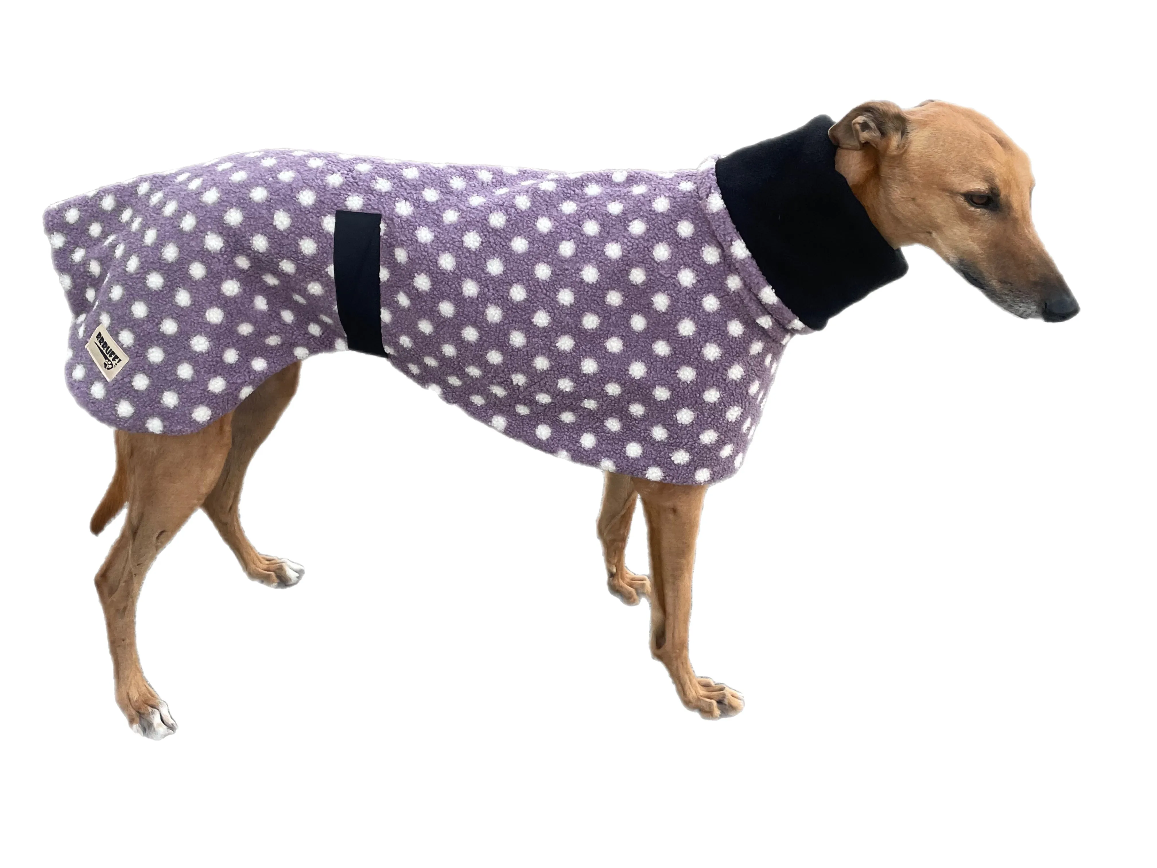 Purple Polka dot print Teddy fleece deluxe style greyhound coat with snuggly wide neck roll