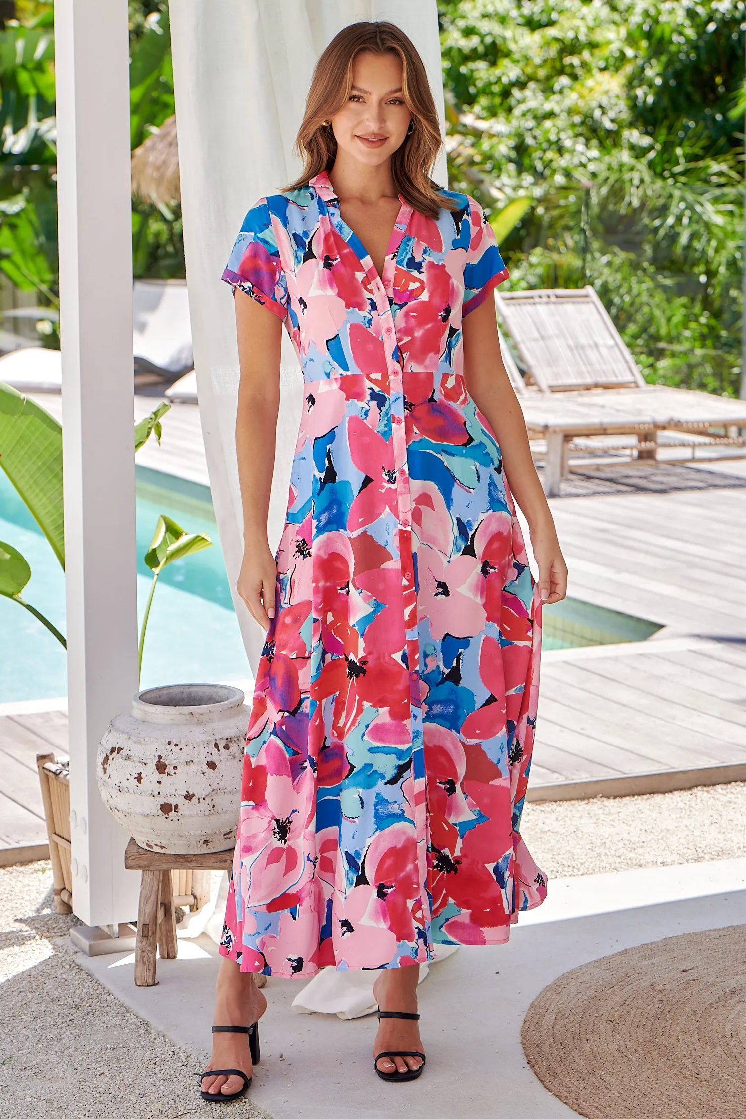 Rai Collared Pink Multi Print Button Front Dress