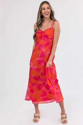 Raspberry Leaf Print Sleeveless Maxi Dress