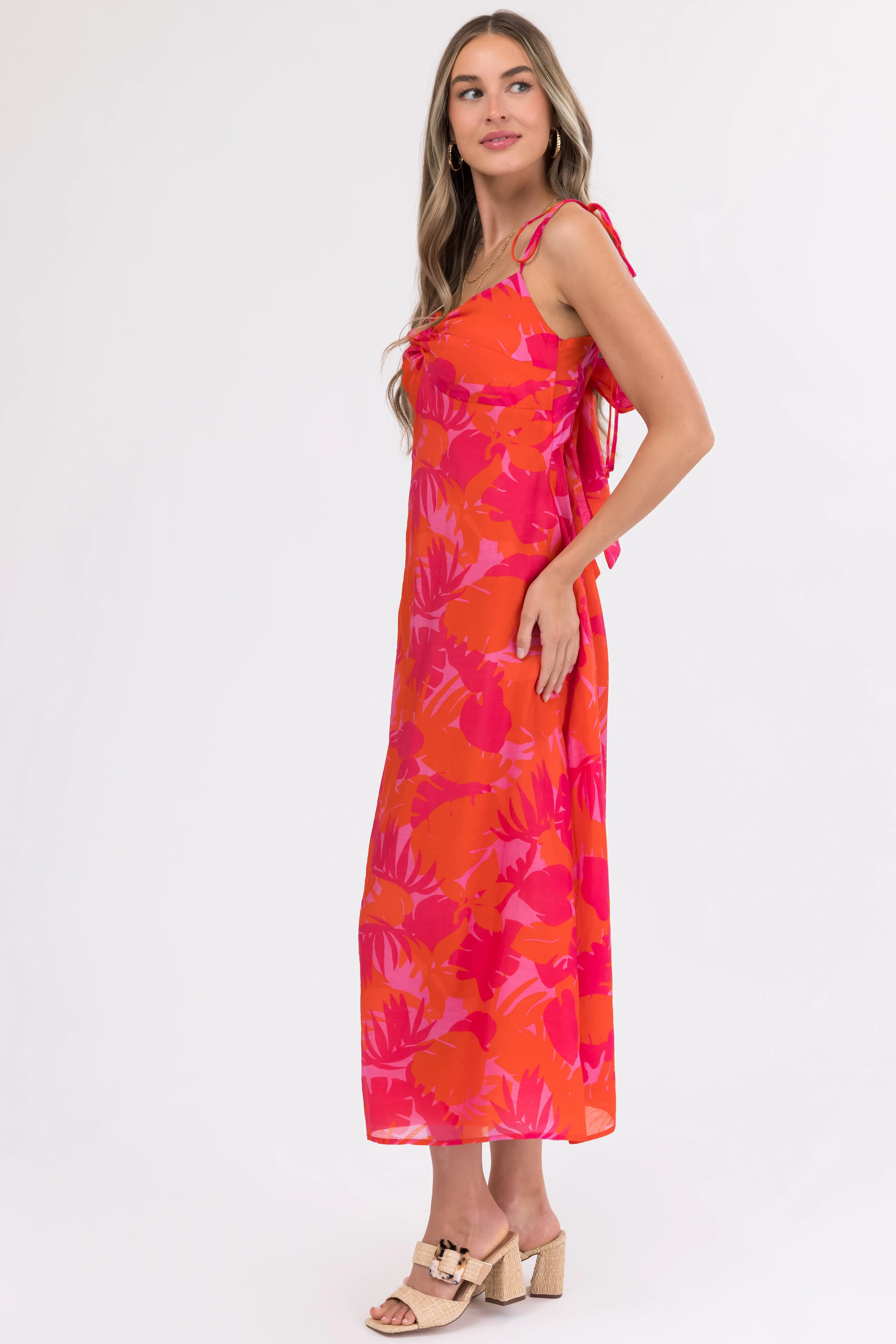 Raspberry Leaf Print Sleeveless Maxi Dress