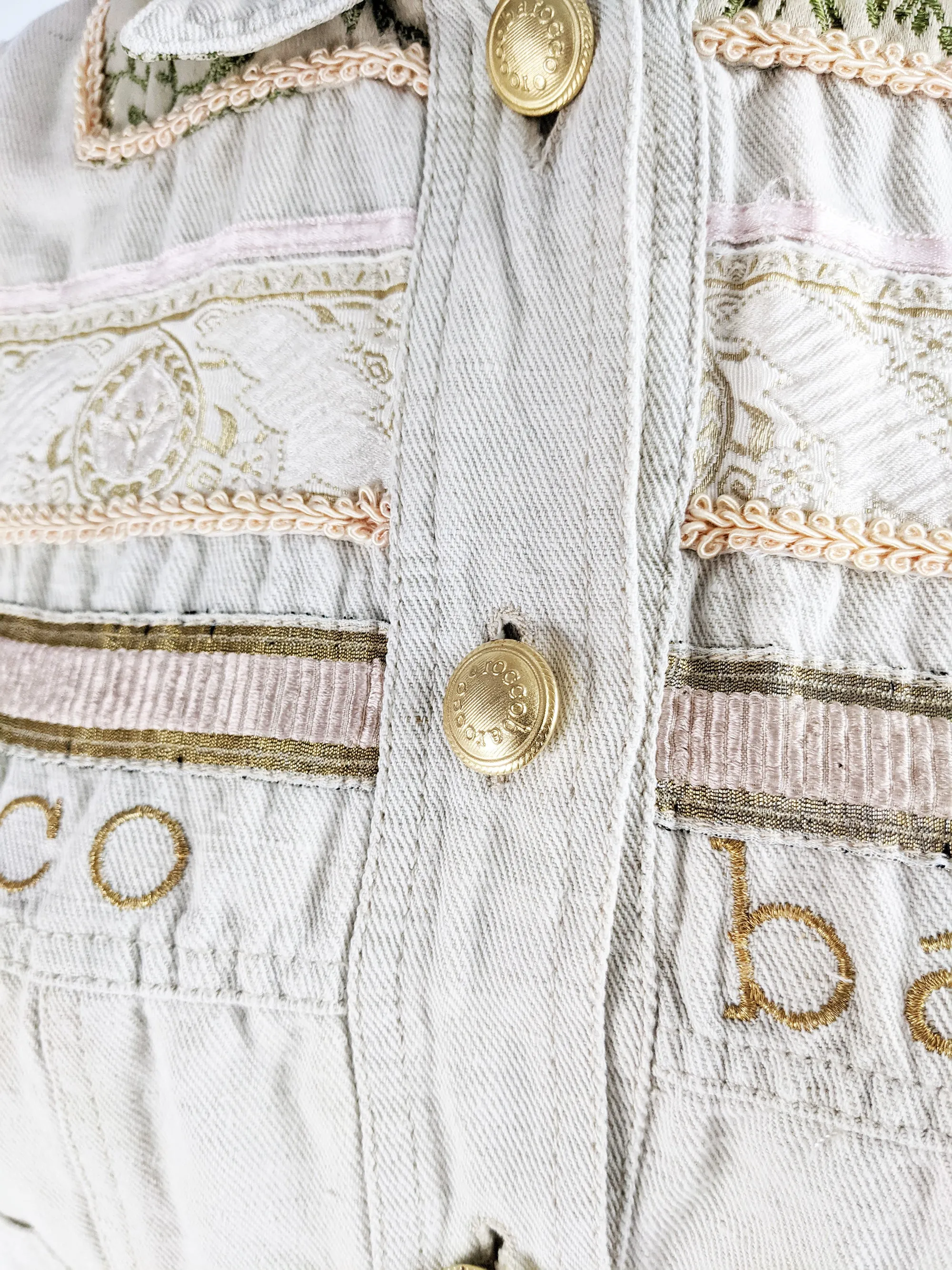 Roccobarocco Vintage Embroidered White Linen & Cotton Denim Jacket