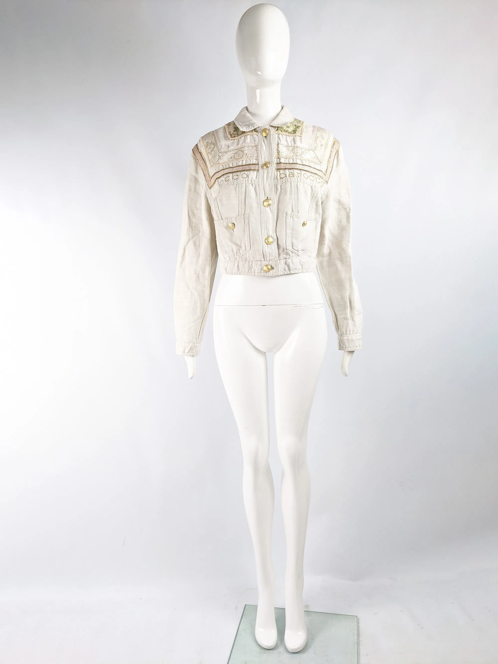 Roccobarocco Vintage Embroidered White Linen & Cotton Denim Jacket