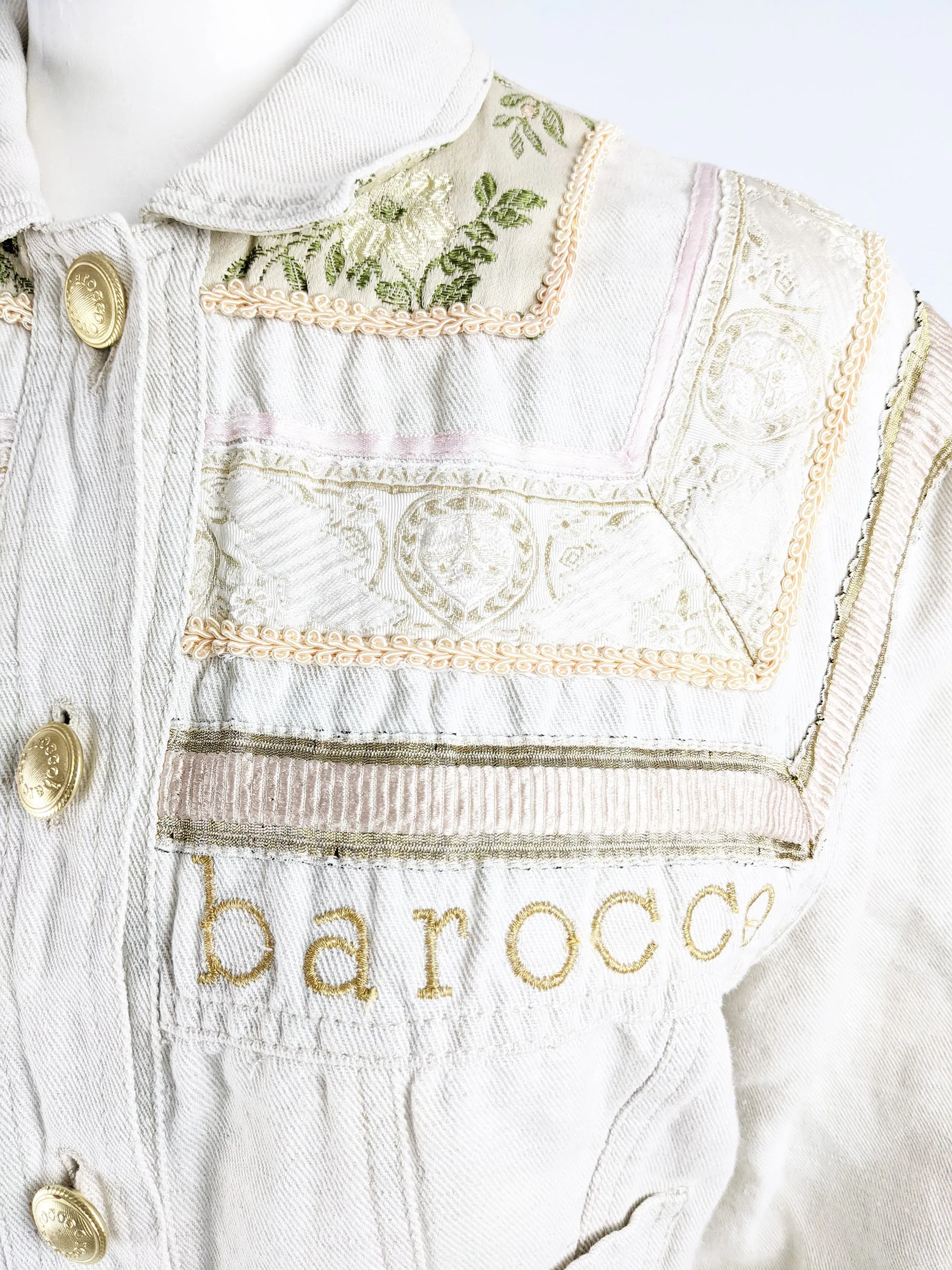 Roccobarocco Vintage Embroidered White Linen & Cotton Denim Jacket