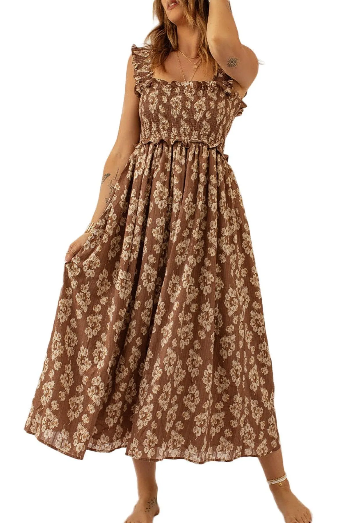 Ruffled Straps Smock Floral Maxi Dress