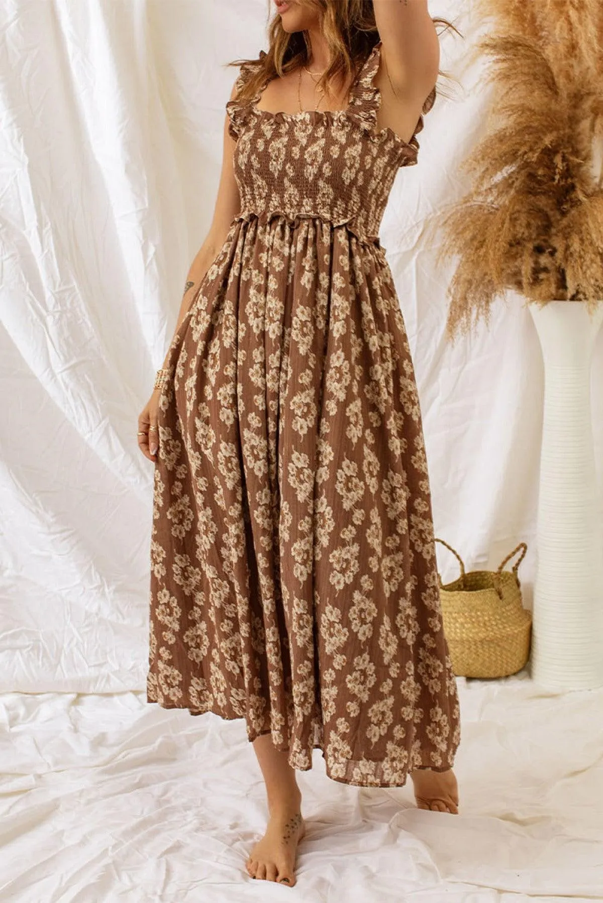 Ruffled Straps Smock Floral Maxi Dress