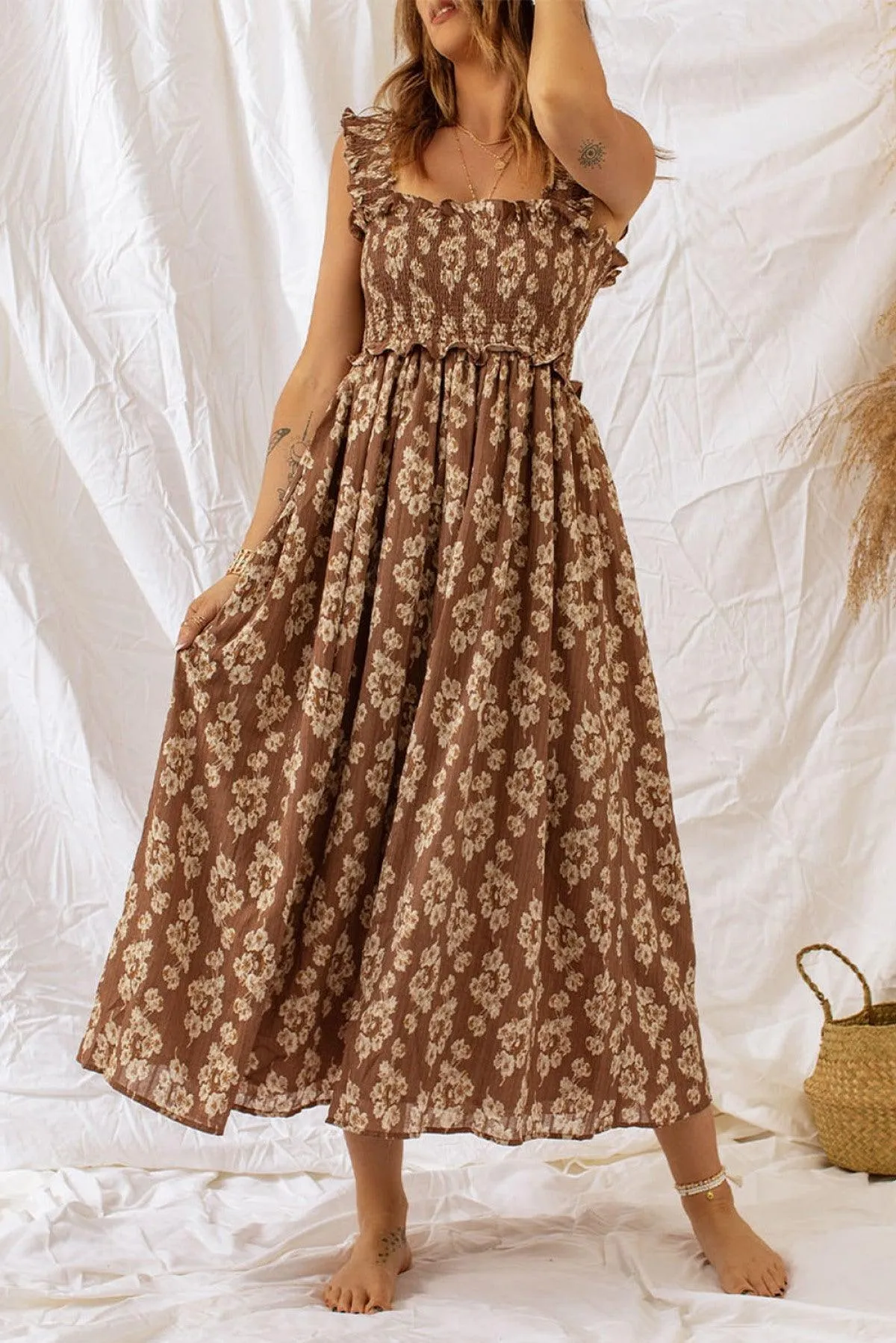 Ruffled Straps Smock Floral Maxi Dress