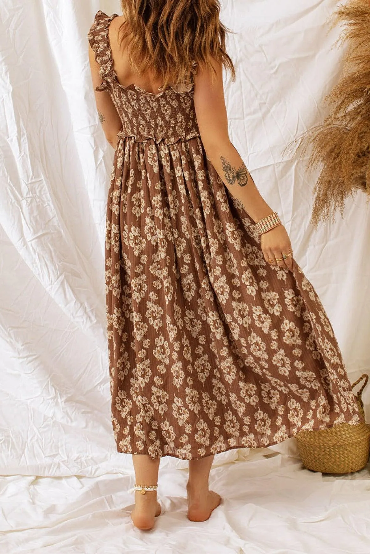 Ruffled Straps Smock Floral Maxi Dress