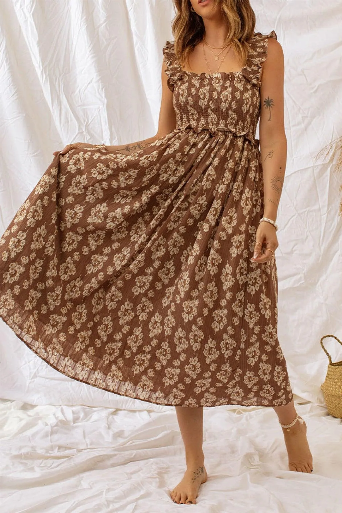 Ruffled Straps Smock Floral Maxi Dress