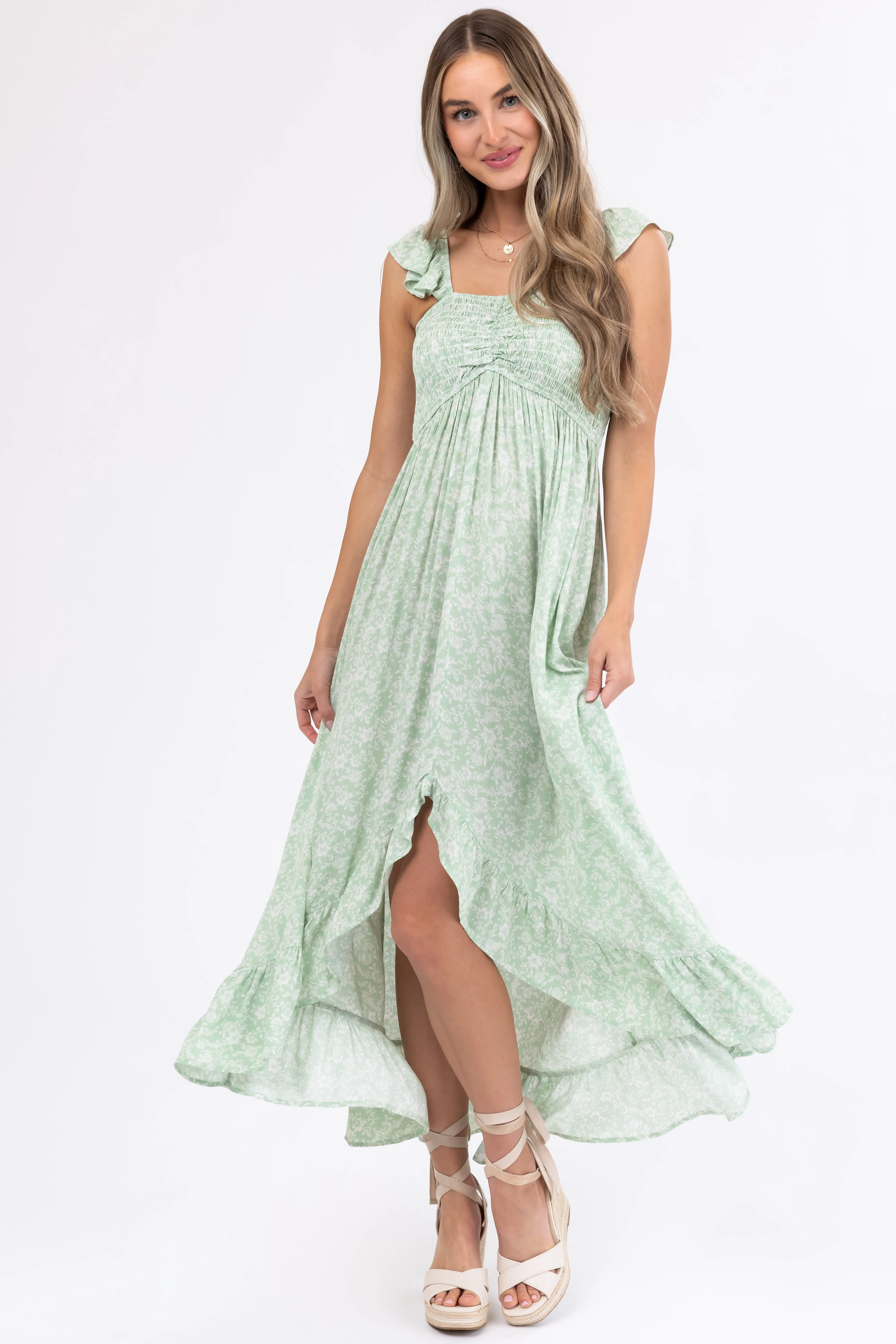 Sage Floral Print High Low Maxi Dress