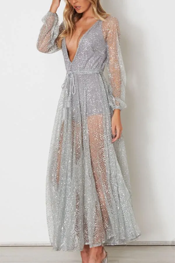 Sexy Silver Mesh Backless Maxi Dress