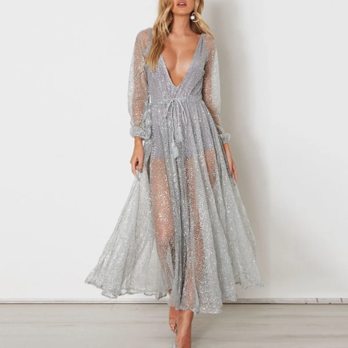 Sexy Silver Mesh Backless Maxi Dress