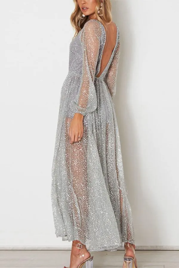 Sexy Silver Mesh Backless Maxi Dress