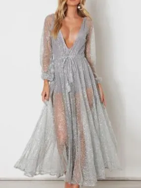 Sexy Silver Mesh Backless Maxi Dress