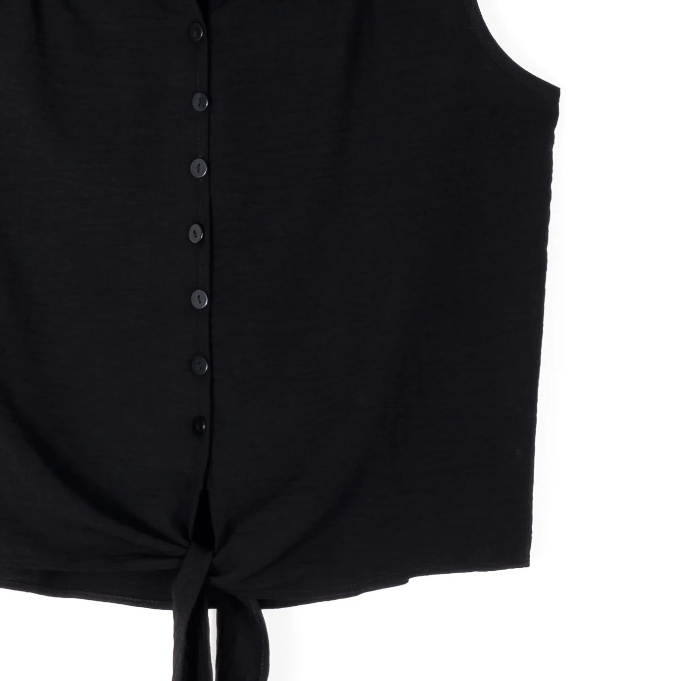 Soft Textured Rayon - Sleeveless Button Down Tie Hem Top - Black - Limited Sizes!