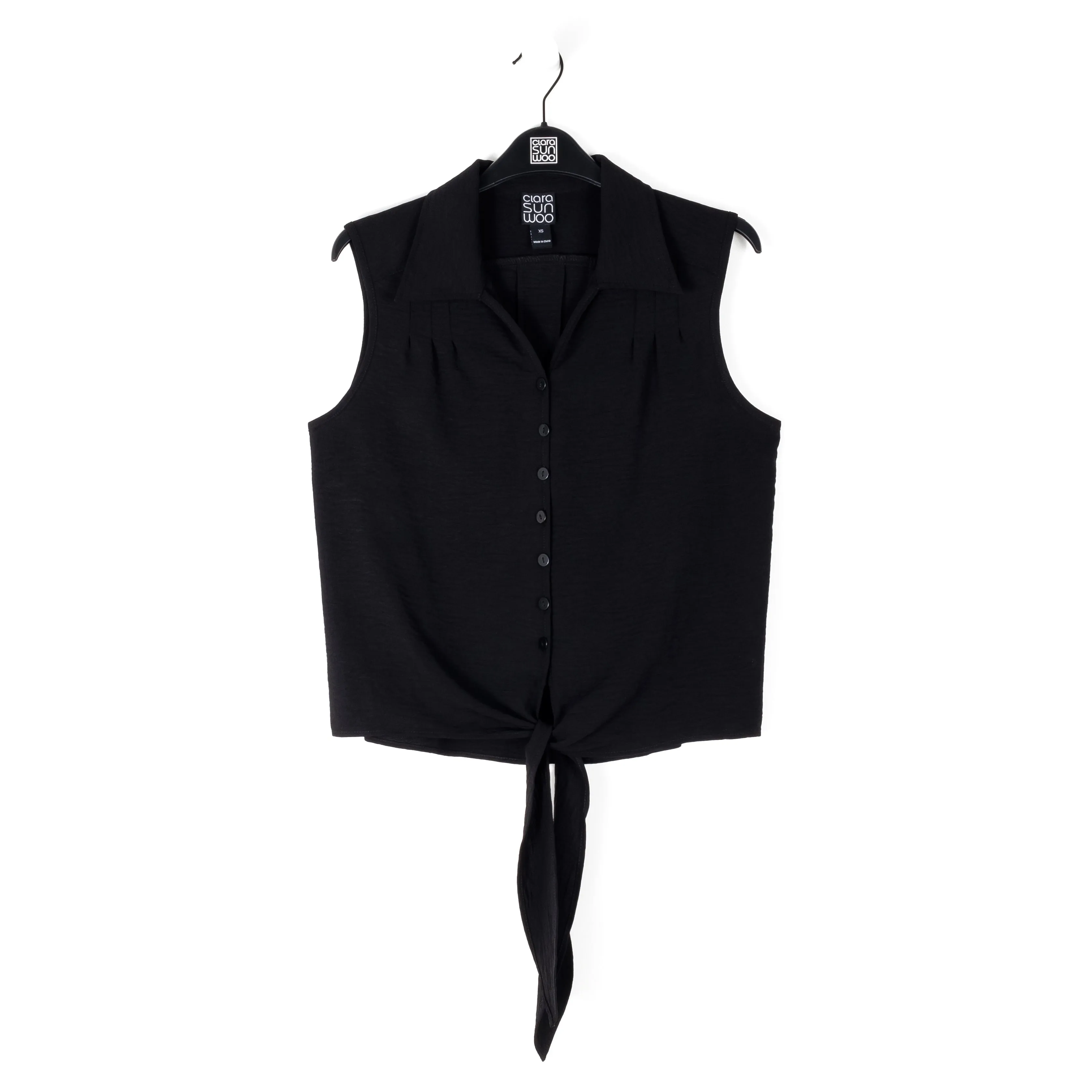 Soft Textured Rayon - Sleeveless Button Down Tie Hem Top - Black - Limited Sizes!