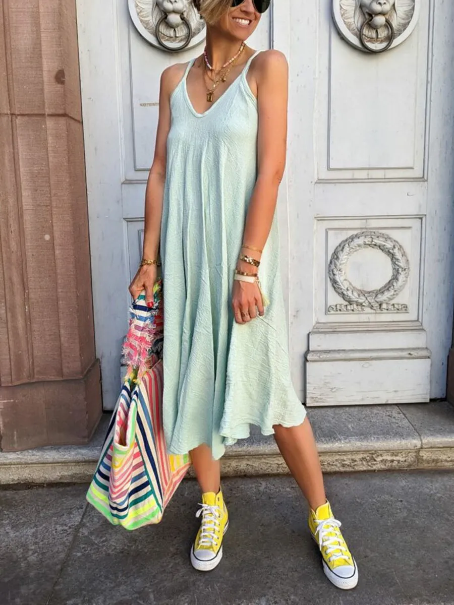 Solid Color Dress with Suspenders