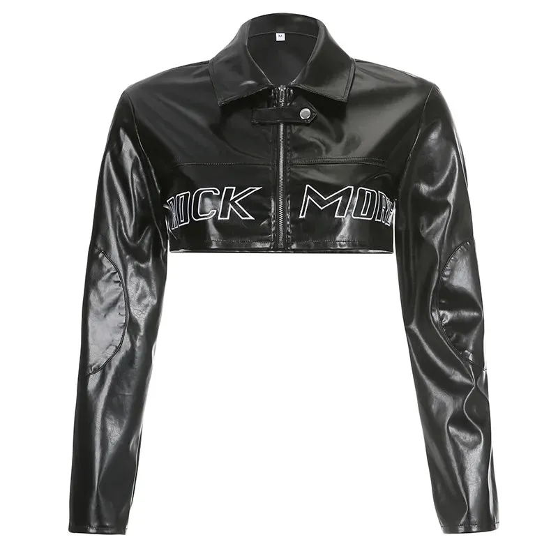 Streetwear Fashion Grunge Zip Up Black PU Leather Jacket Female Letter Embroidery Autumn Coat Motorcycle Jacket Crop