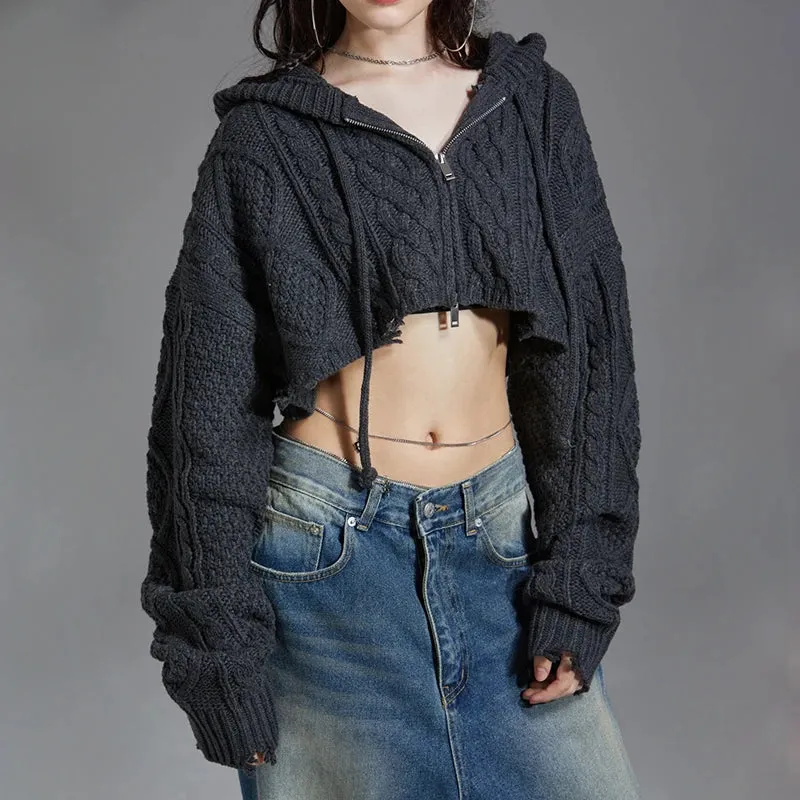 Streetwear Twisted Autumn Cardigan Women Cropped Knitted Sweater Jacket Grunge Ripped Hooded Knitwears Coat Outerwear