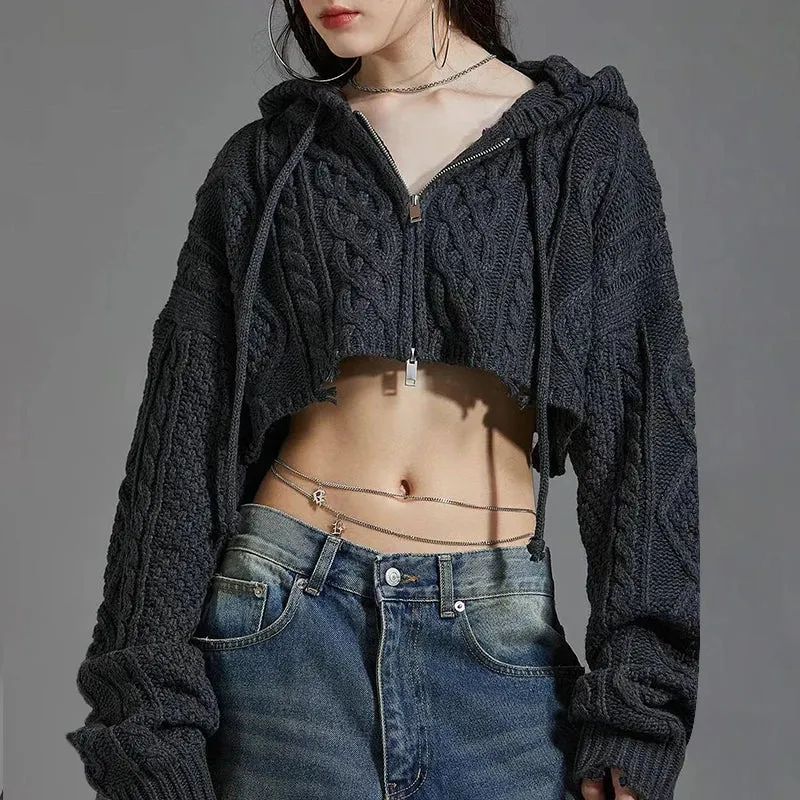 Streetwear Twisted Autumn Cardigan Women Cropped Knitted Sweater Jacket Grunge Ripped Hooded Knitwears Coat Outerwear