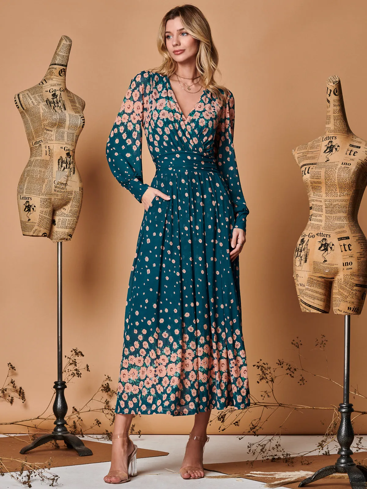 Symmetrical Print Mesh Maxi Dress, Navy Floral