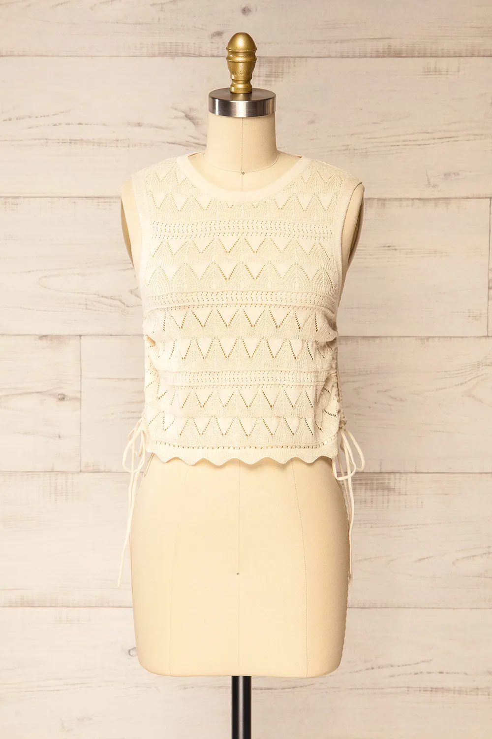 Tabara | Beige Openwork Knit Top w/ Cut-Outs