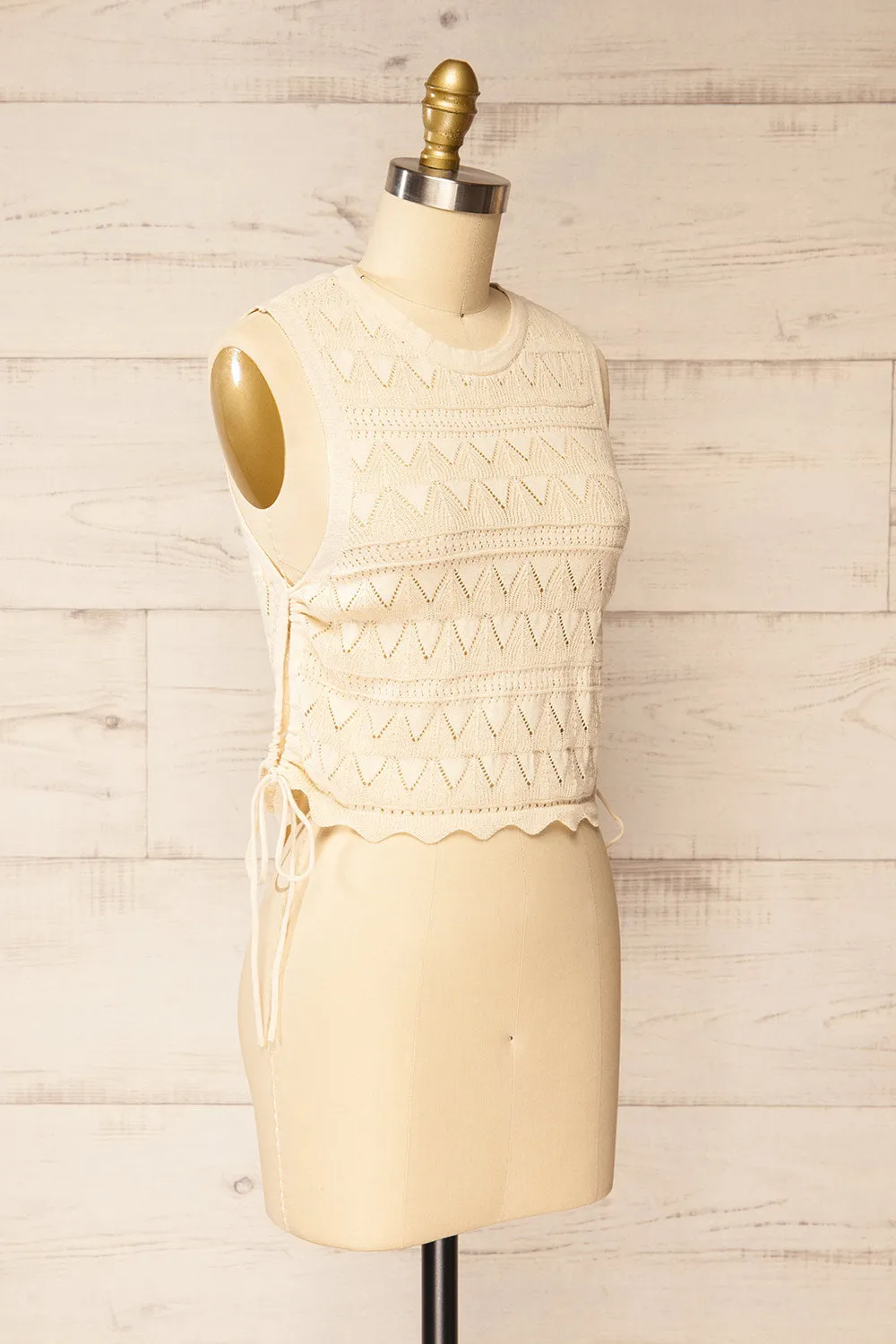 Tabara | Beige Openwork Knit Top w/ Cut-Outs