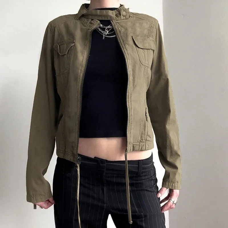 TAVIMART  -  Women Patchwork Stand Collar Military Jacket Vintage Y2K Autumn Pockets Zipper Coat Grunge Style Streetwear Outfits