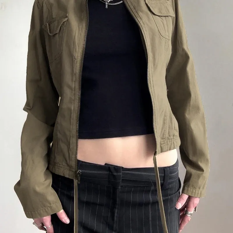 TAVIMART  -  Women Patchwork Stand Collar Military Jacket Vintage Y2K Autumn Pockets Zipper Coat Grunge Style Streetwear Outfits