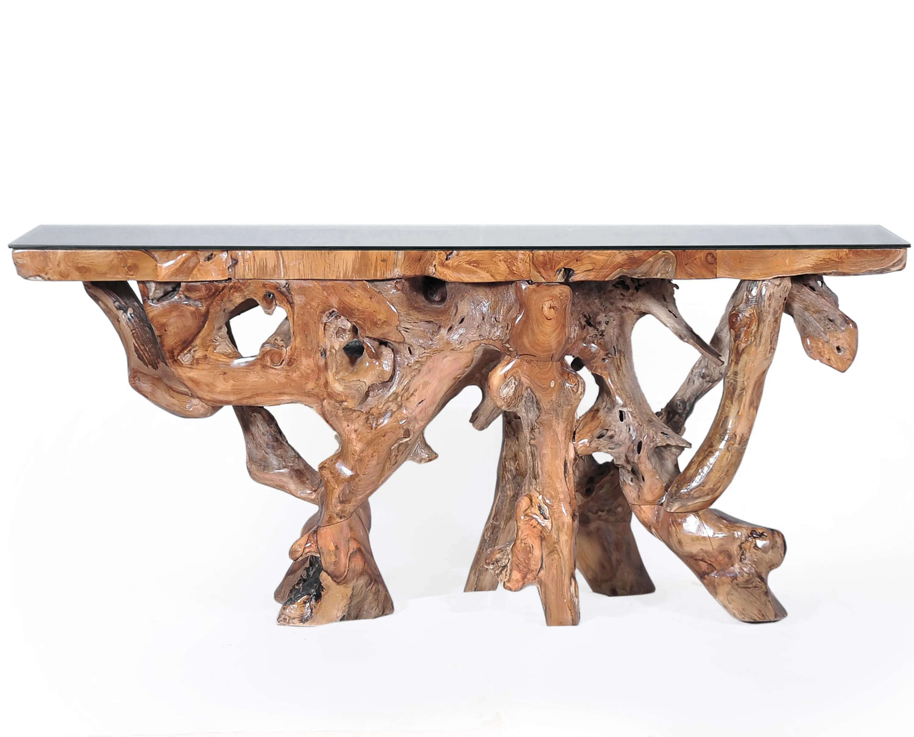 Teak Wood Root Console Table with Glass Top, 72 inches