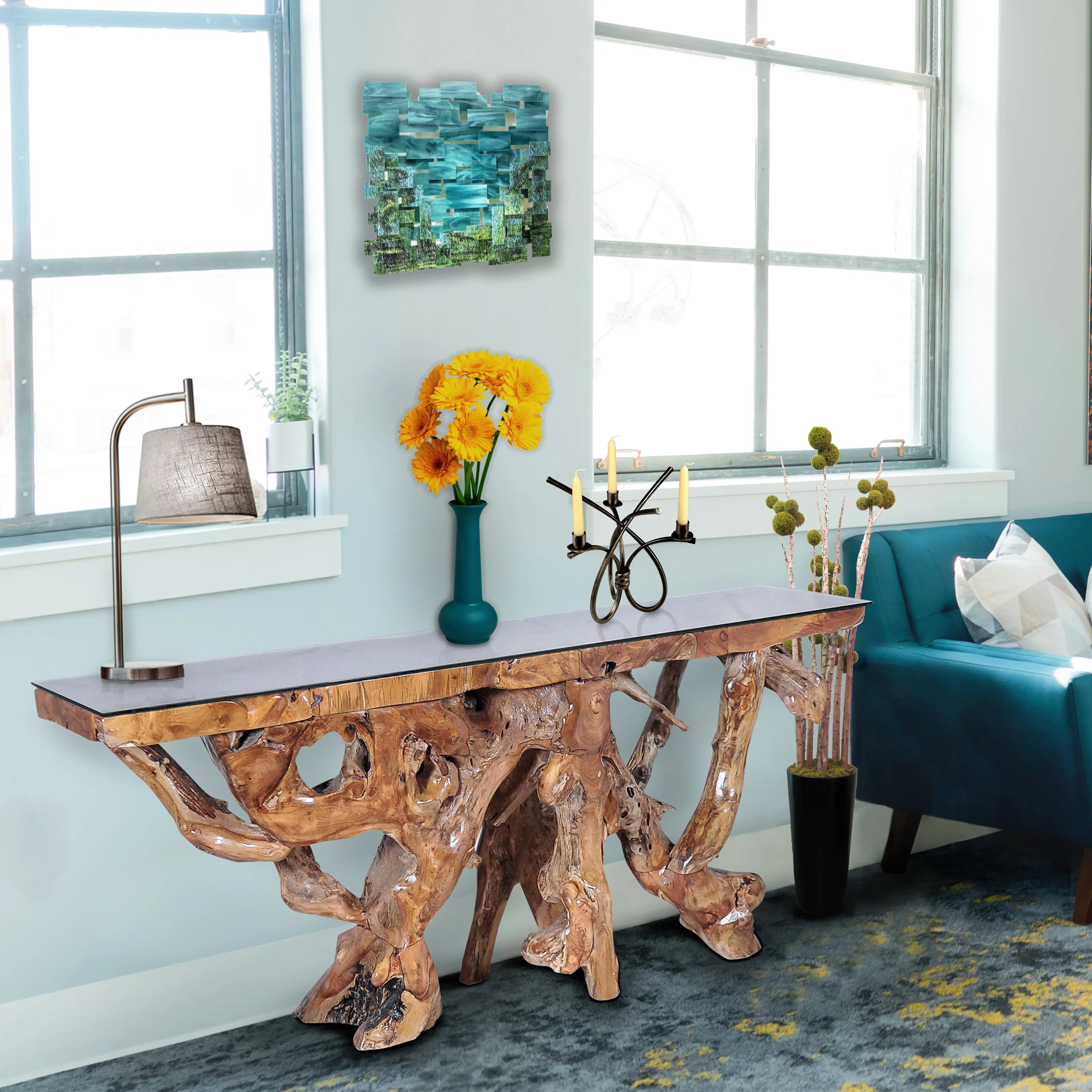 Teak Wood Root Console Table with Glass Top, 72 inches