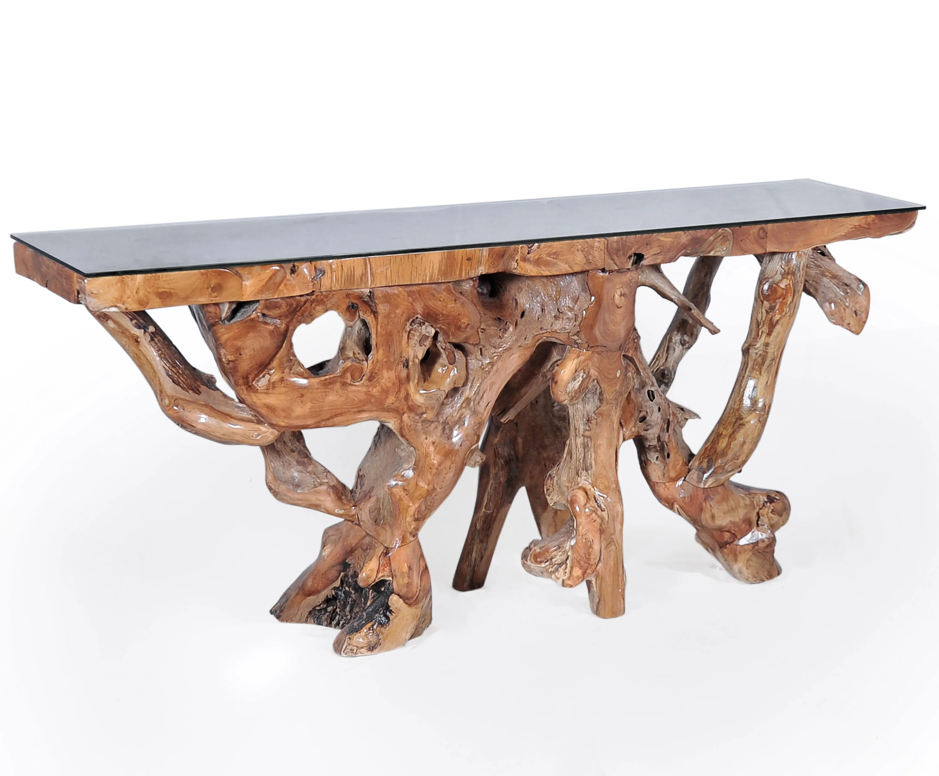 Teak Wood Root Console Table with Glass Top, 72 inches