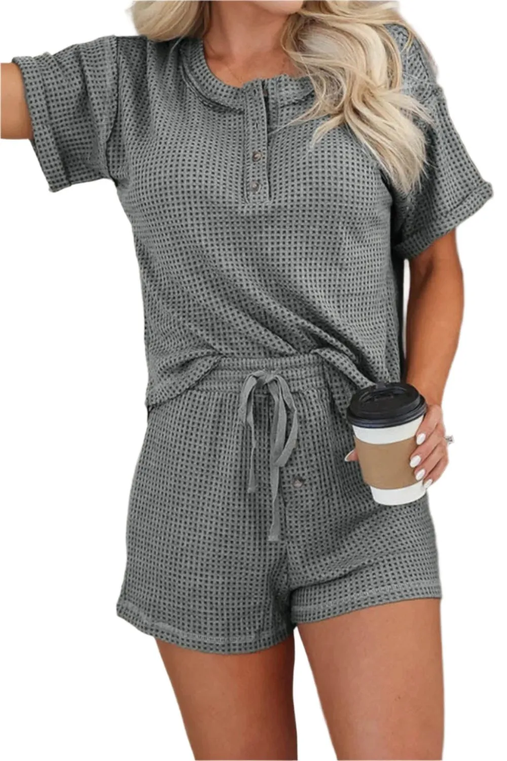 TEEK - Charcoal Waffle-Knit Short Sleeve Shorts Lounge Set