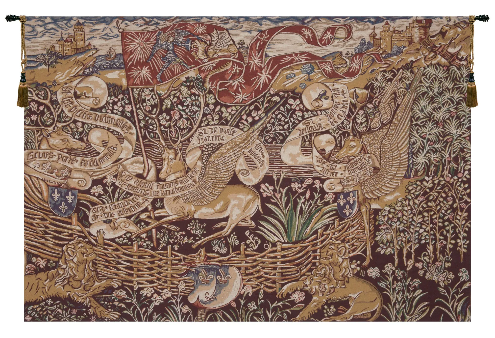 The Winged Stags Maroon Belgian Tapestry