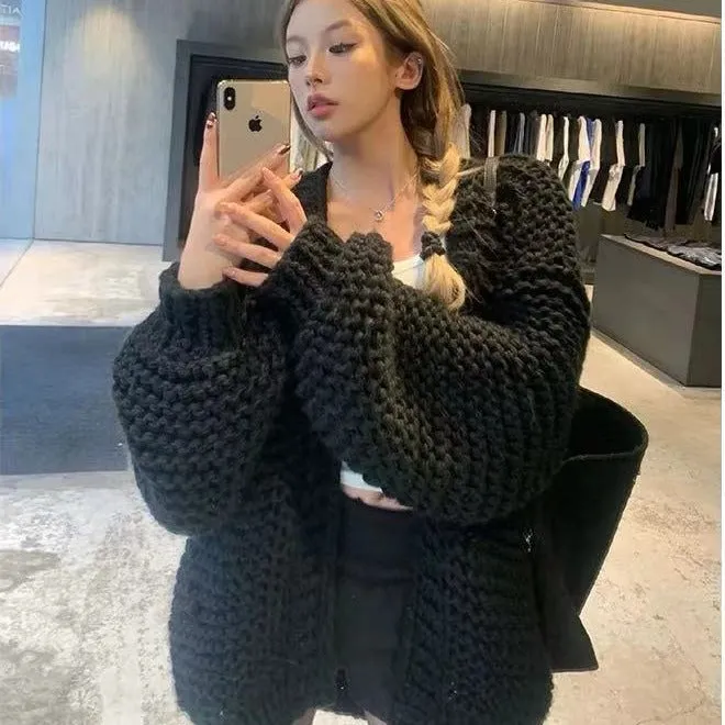 Toleet grunge outfits Autumn and Winter New Thick Wool Draping High-Fixed Thick Knitted Cardigan Loose Sweater Lazy Gentle Coat