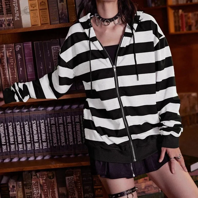 Toleet-Vintage Stripe Hoodie Long Sleeve Loose Hooded Sweatshirt Women Preppy y2k Grunge 2000s Retro Autumn Hoodie Coat Streetwear