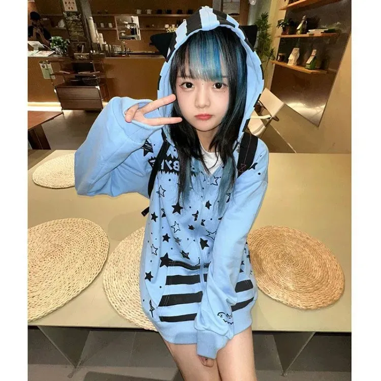 Vevesc Harajuku Sweet Cute Cat Ear Sweatshirts Jackets Autumn Winter Thicked Warm Tops Mujer Y2k Grunge Long Sleeve Hoodie Coat Women