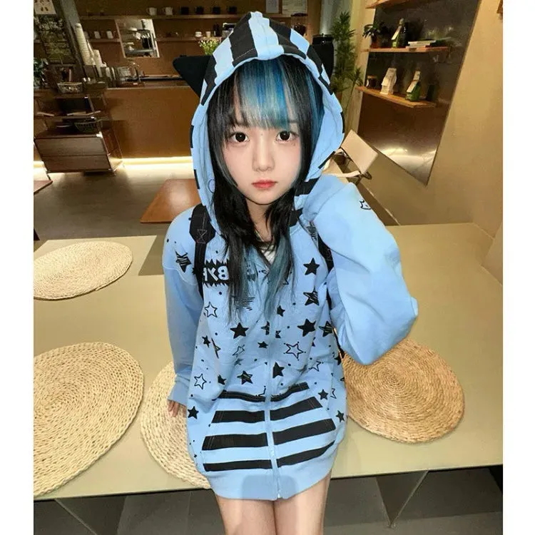 Vevesc Harajuku Sweet Cute Cat Ear Sweatshirts Jackets Autumn Winter Thicked Warm Tops Mujer Y2k Grunge Long Sleeve Hoodie Coat Women