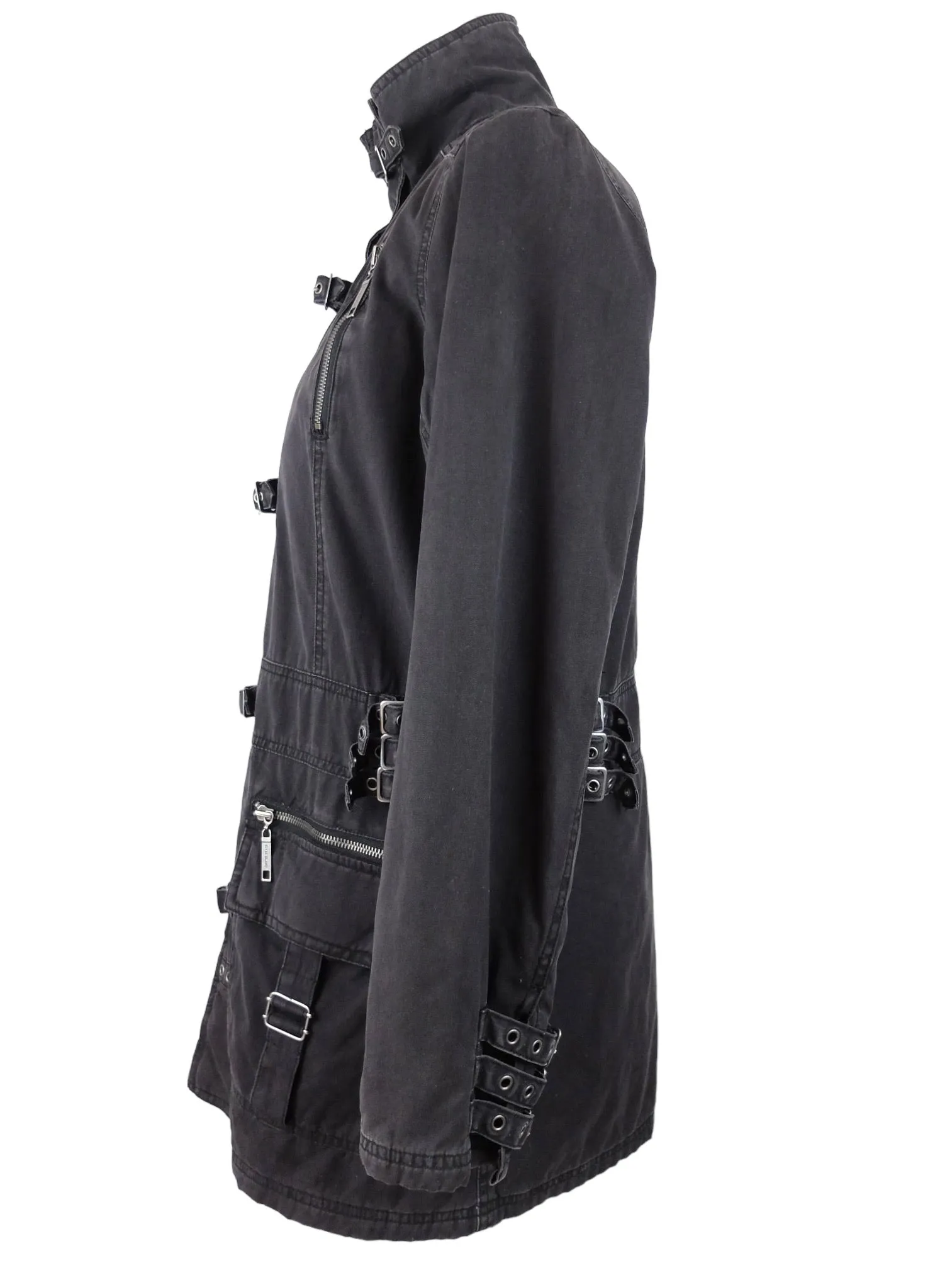 Vintage 2000s Y2K Gothic Grunge Black Canvas Padded Collared Midi Length Zip Up Jacket Coat with Buckle Details | Size M