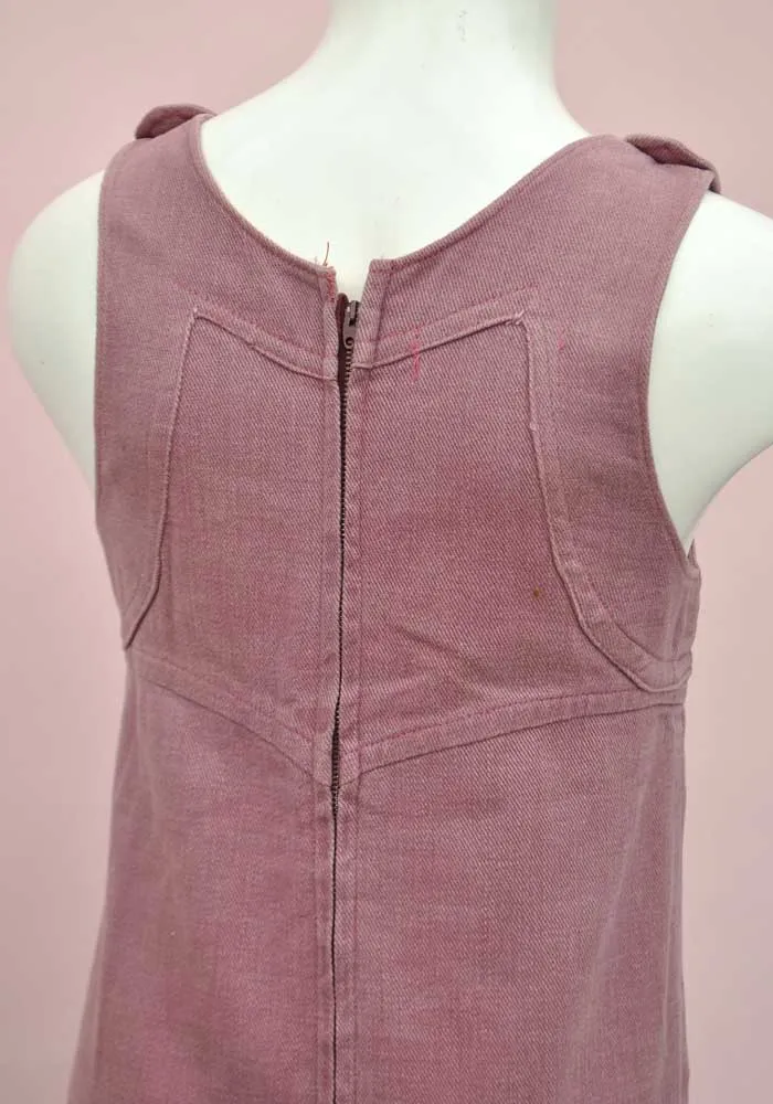 Vintage 70s Girl's Dusky Pink Brushed Denim Pinafore Dress • 70s Maxi