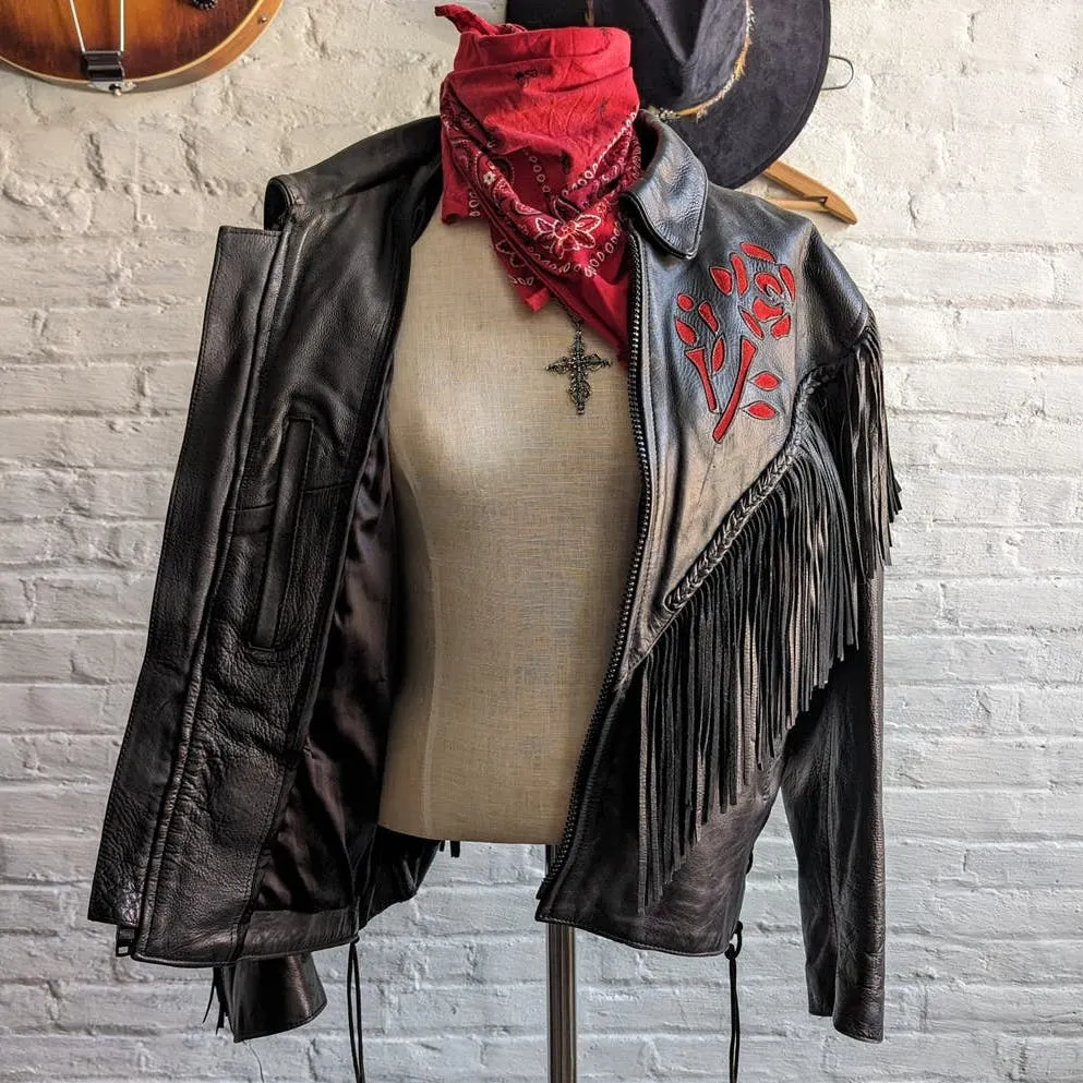 Vintage Black Genuine Leather Biker Jacket Suede Red Roses Fringe Western Coat