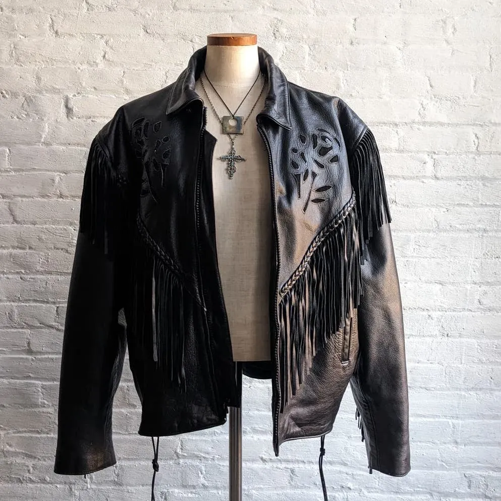 Vintage Black Genuine Leather Biker Jacket Suede Roses Fringe Western Punk Coat