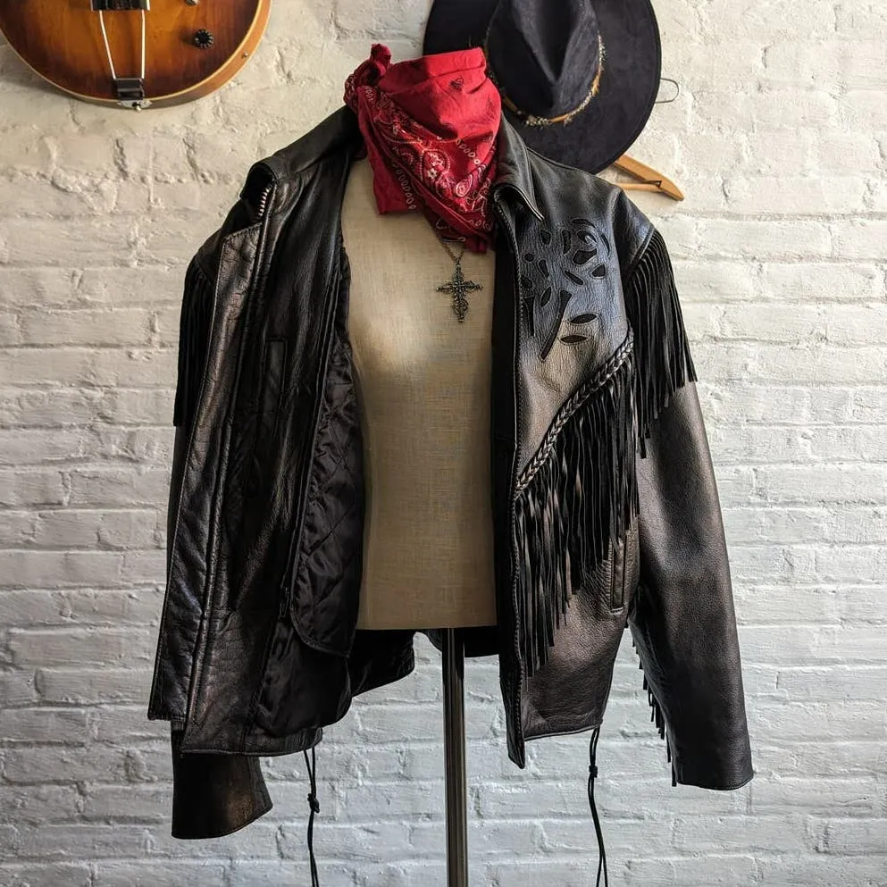 Vintage Black Genuine Leather Biker Jacket Suede Roses Fringe Western Punk Coat