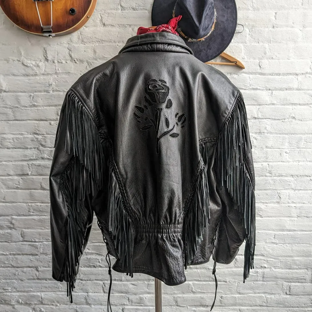 Vintage Black Genuine Leather Biker Jacket Suede Roses Fringe Western Punk Coat