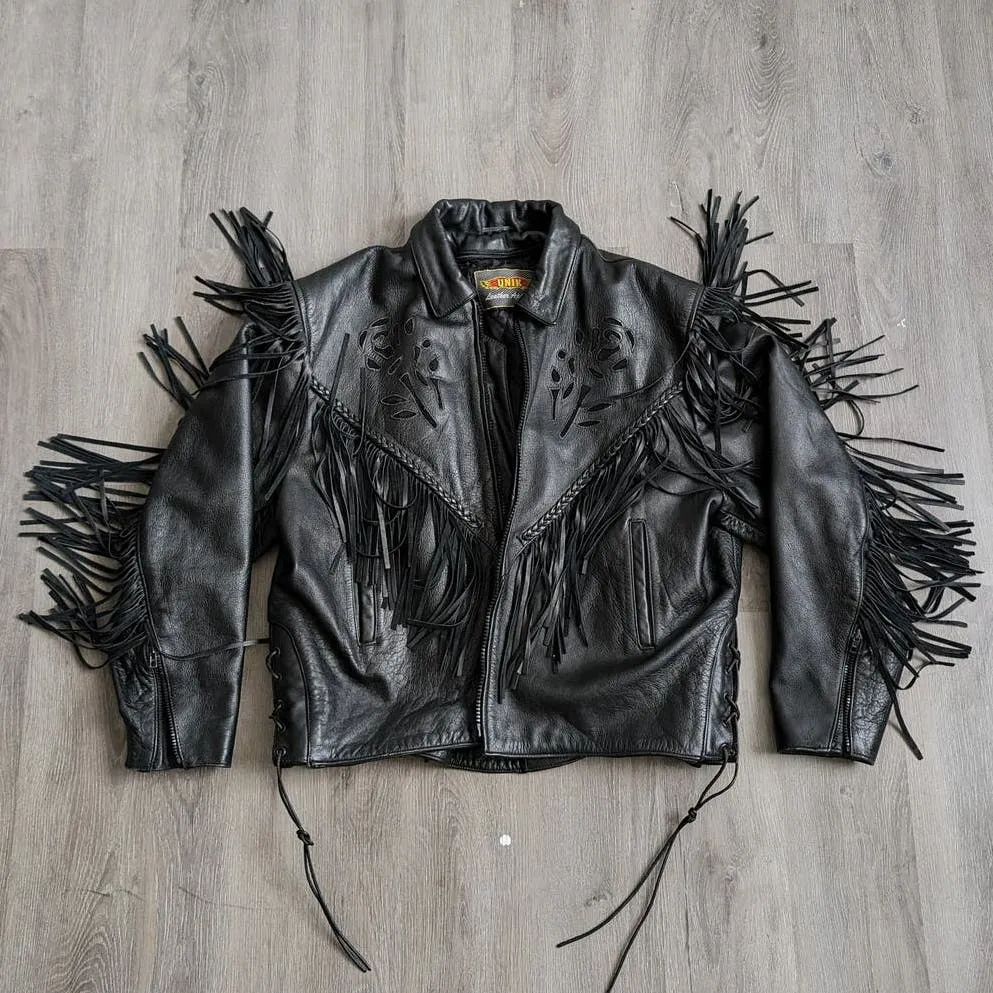 Vintage Black Genuine Leather Biker Jacket Suede Roses Fringe Western Punk Coat