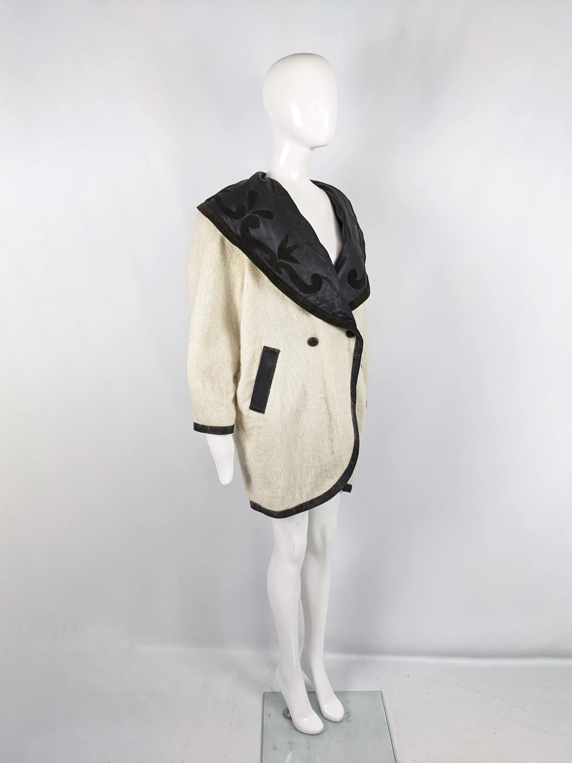 Vintage Cream Kid Mohair Faux Leather Collar Cocoon Coat, 1980s