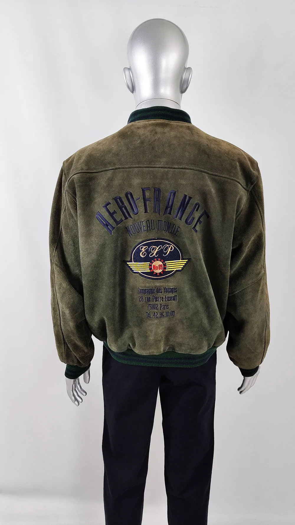 Vintage Mens Green & Brown Real Suede Bomber Jacket, 1980s