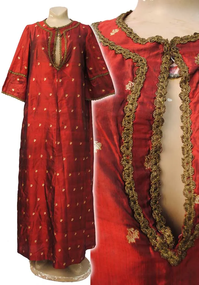 Vintage Traditional Moroccan Red & Gold Silk Brocade Kaftan Dress • Metallic Gold Braid